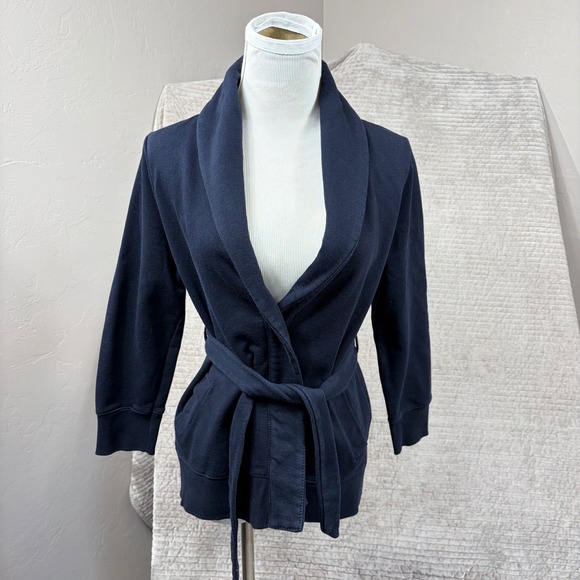 J.Crew Sweaters - J.Crew Antique Fleece Navy Blue Shawl Collar Belted Wrap Cardigan Jacket Medium